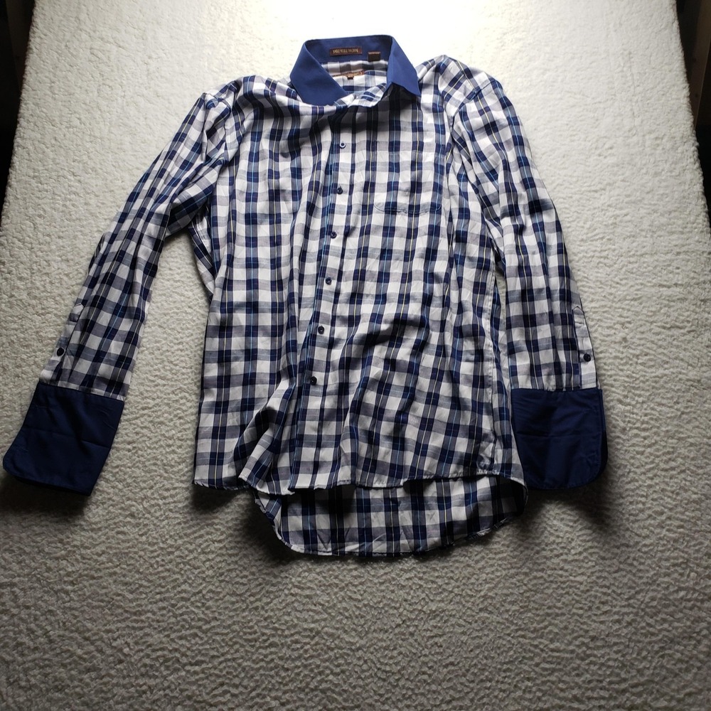 Henri Picard Dress Shirt Mens 17.5 36/37 Blue Plaid Regular Fit French Cuff